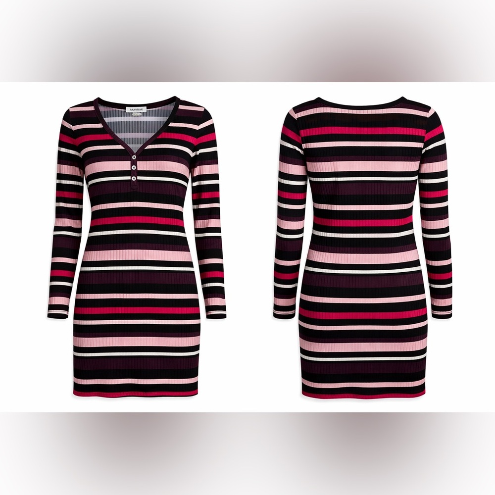 Planet Gold Striped Rib-Knit V-Neck Long Sleeve Dress